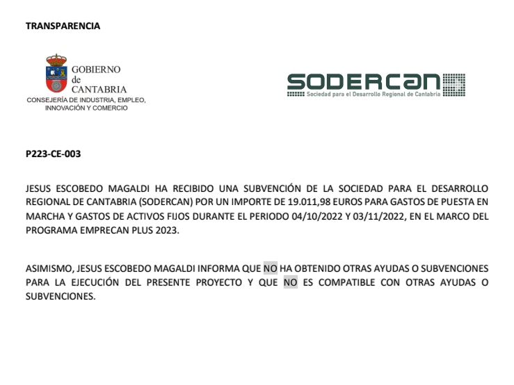 Documento oficial del Gobierno de Cantabria y SODERCAN que informa de una subvención concedida a Jesús Escobedo Magaldi por 19.011,98 € y declara que no ha recibido otras ayudas compatibles.
